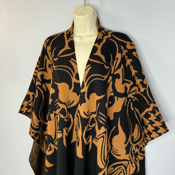 Ming Wang Knit Poncho Cape Wrap Rust Brown Black Printed Hope Wrap O/S New - Picture 8 of 15